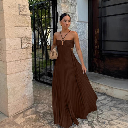 Robe Plissée Unicolore à Bretelles
