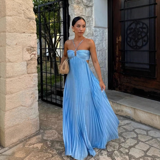 Robe Plissée Unicolore à Bretelles