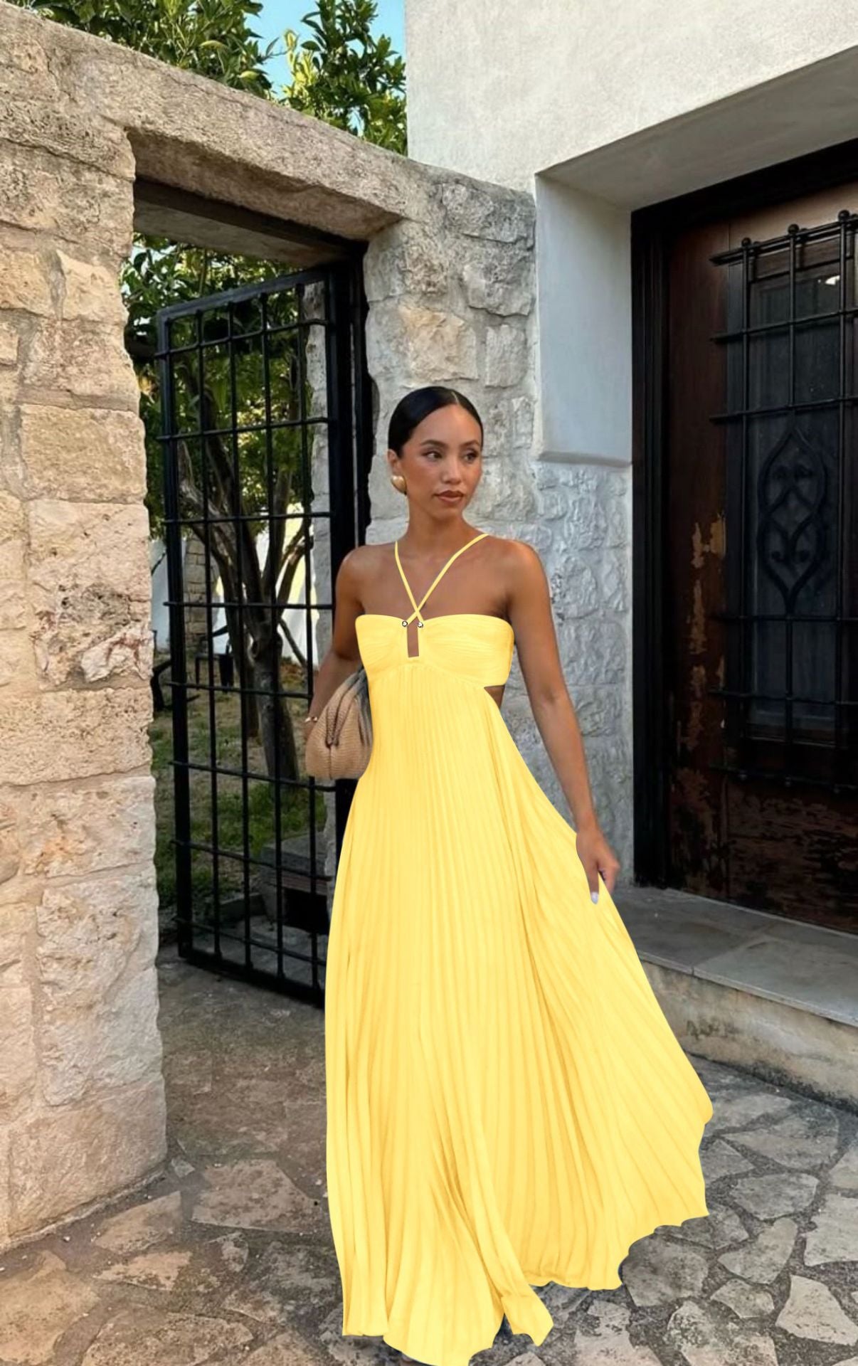 Robe Plissée Unicolore à Bretelles