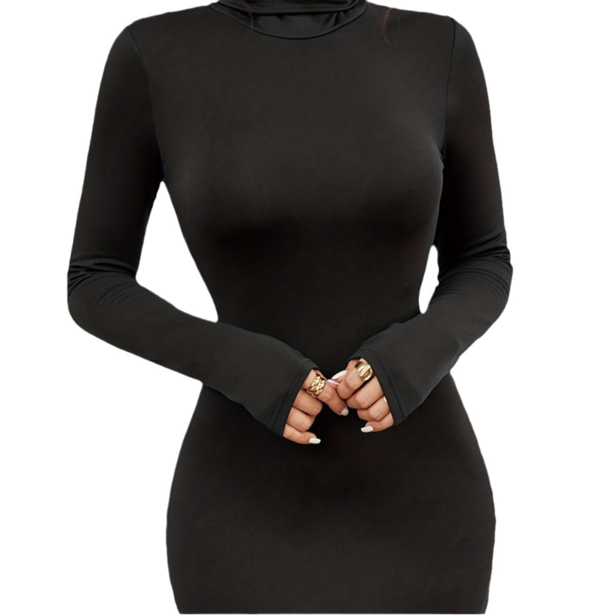Robe Noire Slim à Col Roulé