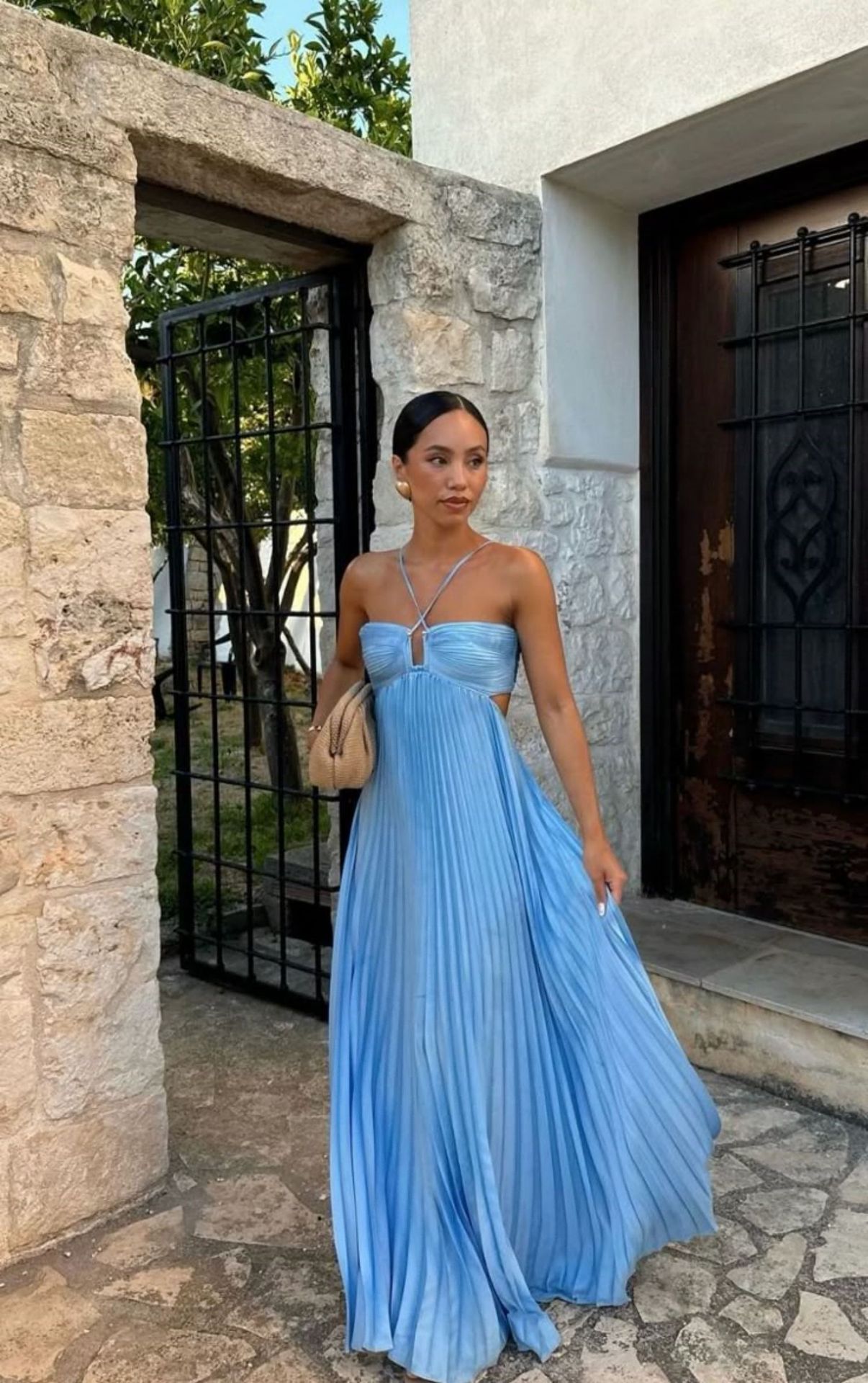 Robe Plissée Unicolore à Bretelles