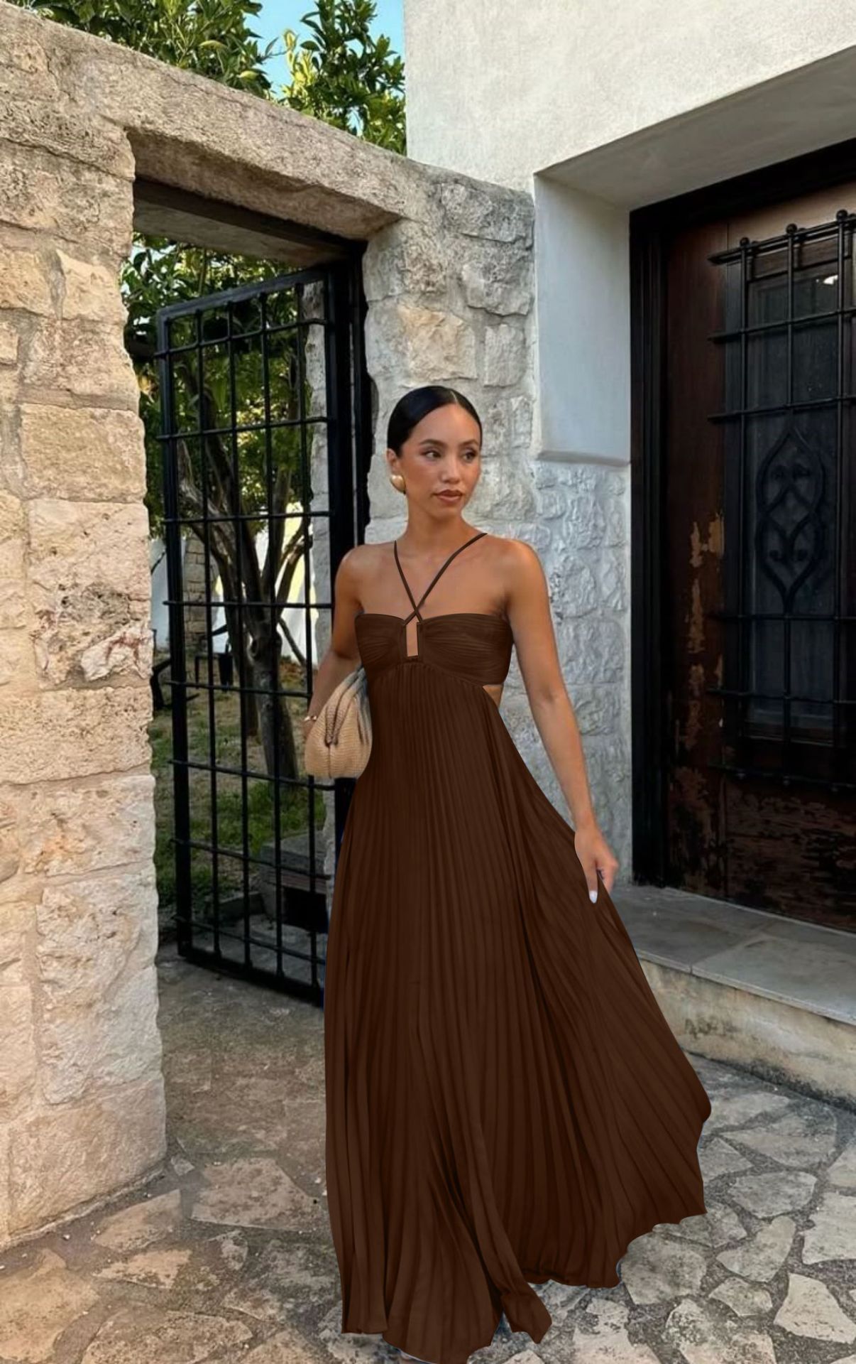 Robe Plissée Unicolore à Bretelles