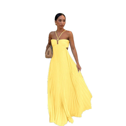 Robe Plissée Unicolore à Bretelles