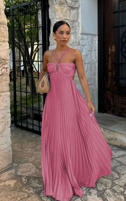 Robe Plissée Unicolore à Bretelles